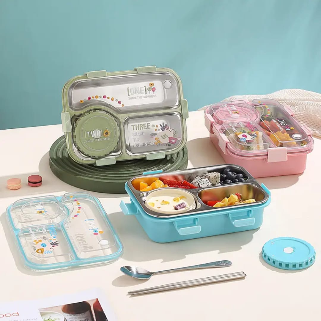 3-Compartment Stainless Steel Insulated Lunch Box – Leak-Proof Tiffin Box (Multicolor)