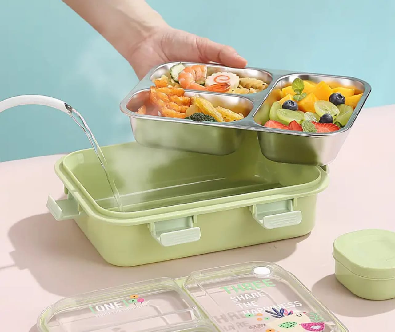 3-Compartment Stainless Steel Insulated Lunch Box – Leak-Proof Tiffin Box (Multicolor)